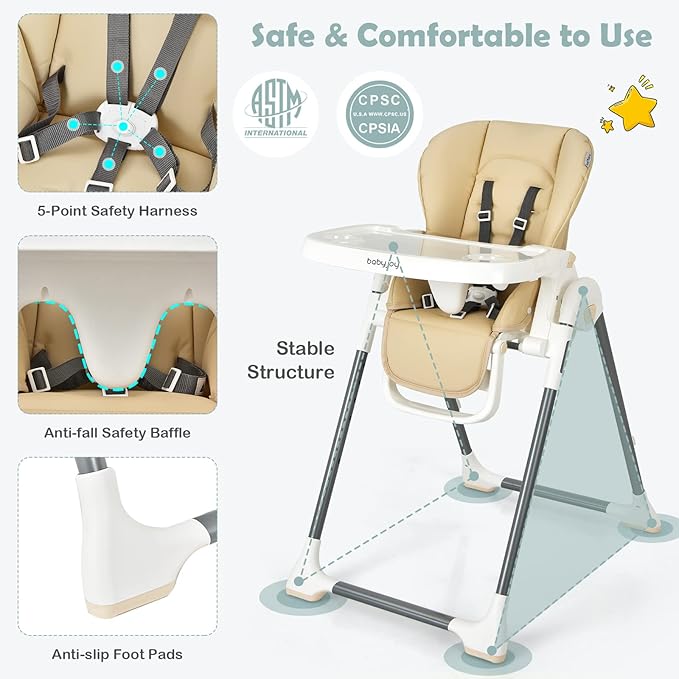 BABY JOY High Chair for Babies & Toddlers, Foldable High Chair w/Adjustable Height/Backrest/Footrest, Double Removable Tray, Book Holder & Storage Bag, Highchair for 6-36 Months Girls Boys (Beige)-CubbioJoy