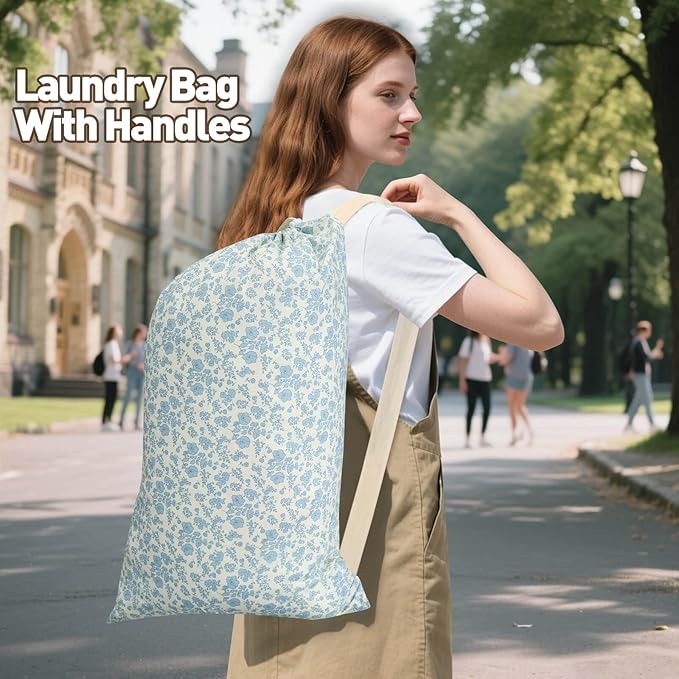 College Laundry Bag, Dirty Clothes Laundry Bag With Drawstring Handles For College Dorm Laundromat Apartment Travel Camp 29" X 18" Women Girls Back To School Birthdays Gift, Blue Florals-CubbioJoy