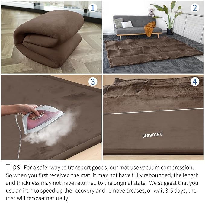 Baby Play Mat for Floor,1.3" Thick Elasti-Foam 74×50 Playpen Mat for Toddlers Infant kids,Water-Repellent Soft Coral Velvet for Tummy Time, Non-Slip Backing for Crawling,Tatami Style(Dark Brown)-CubbioJoy