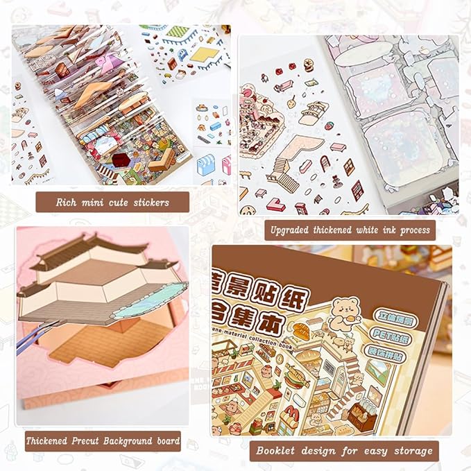 20 Sets DIY 3D Sticker Scenes for Adults Relief Stress, Cute Kawaii 3D House Sticker Therapy for Women Teen Girls Kids Pass The Time, Make Your Own Mini Room Scene Collection Book with Tweezer-CubbioJoy