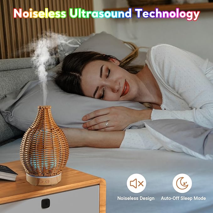 Boho Essential Oil Diffuser for Home Rattan Weaving with Remote Control, 100mL 7 Changing Color Lights Ultrasonic Aroma Humidifier, Noiseless Auto-Off Sleep Mode for Bedroom Office Workout-CubbioJoy