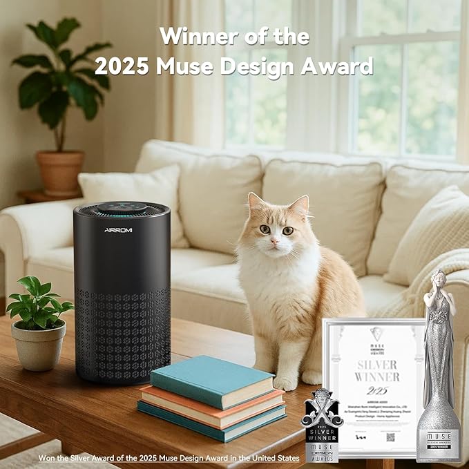 AIRROMI Air Purifier for Bedroom with HEPA 3-in-1 Filter, Pet Air Purifier for Home Cat Pee Smell, Covers Upto 990 Ft², Quiet 360°intake Air Cleaner for pet hair,allergies,Dust,Smoke A2001 Black-CubbioJoy
