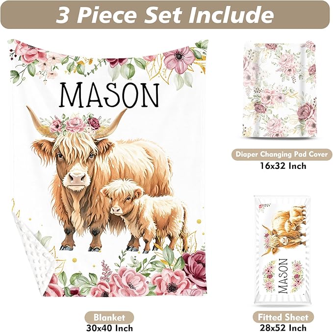 Custom Name Crib Bedding Set - Flower Highland Cow Pattern, Personalized Nursery Bedding 3-Piece Set– Soft Blanket, Fitted Sheet, Changing Pad Cover – for Newborns Girls Nursery Gifts-CubbioJoy