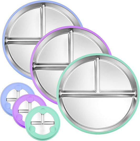 3-Pack Stainless Steel Baby Plates with Suction, BPA-Free Stainless Steel Kids Plates, 9” Divided Toddler Plate for Dishwasher Safe, Non-Slip Silicone Base, Detachable (Blue, Green, Purple)-CubbioJoy