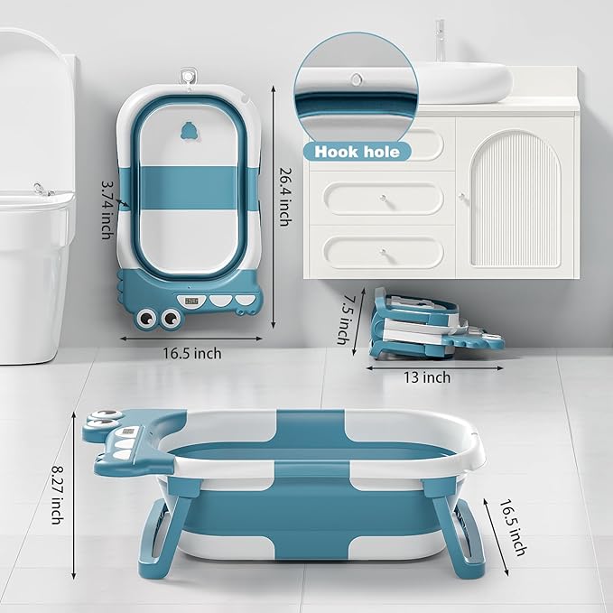 Collapsible Baby Bathtub for Newborn, Foldable Baby Bath Tub with Thermometer & Soft Floating Cushion & Drain Hole, Portable Travel Infant Bath Tubs for Newborns to Toddler 0-36 Months Girl, Blue-CubbioJoy