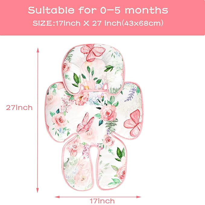 2 in 1 Infant Car Seat Insert, Adjustable Car Seat Head Support Baby Girls Boys, Soft Newborn Carseat Insert Cushion, Perfect for Carseats, Strollers, Swings (Pink Flower)-CubbioJoy