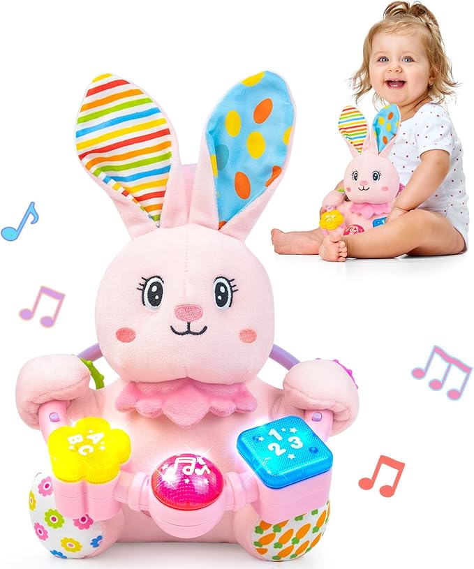 Baby Rabbit Musical Stuffed Animals Toy,Infant Bunny Bilingual Early Learning Education Toy with Light-Up Music & Crinkle,1st Easter Basket Shower Stuffers for 0 1 2 3 6 9 12 18 Month Girl,Pink-CubbioJoy