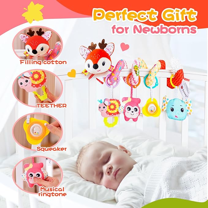 Car Seat Toys, Cute Deer Car Seat Toys for Babies 0-6 Months Boy, Stroller Toys with Crinkle, Teether, Music Box, Rattle, BB Squeaker for 0 3 6 9 12 Months Babies Infant Boys Girls Gifts (Cute Deer)-CubbioJoy