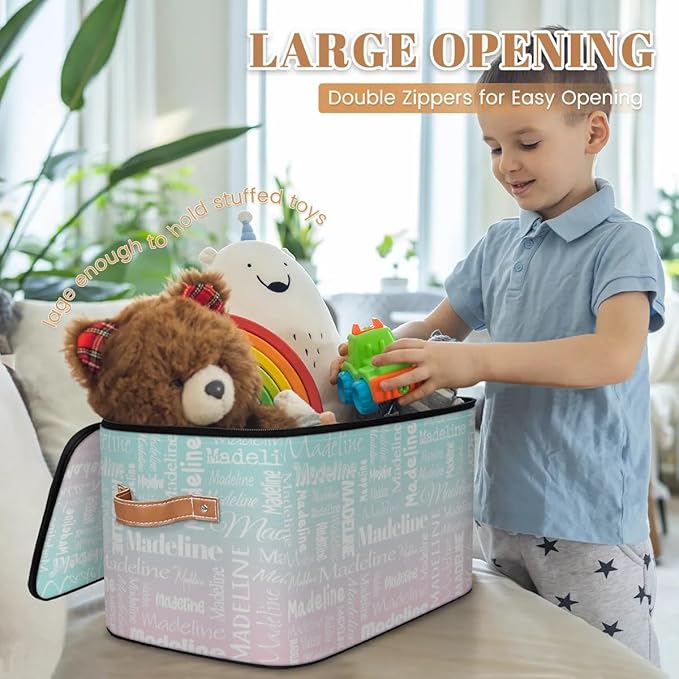 Custom Storage Basket with Name, Personalized Storage Bins with Zipper Lid, Foldable Fabric Storage Box Large capacity with Handle Green Pink-CubbioJoy