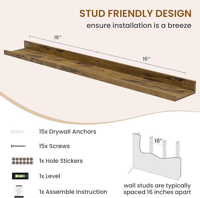 Axeman Picture Ledge Shelf, Floating Shelves for Wall Storage Set of 6, 36 inch Floating Wall Mounted Shelves, Wall Shelves with Lip for Living Room, Bedroom, Nursery, Bathroom, Kitchen, Rustic Brown-CubbioJoy
