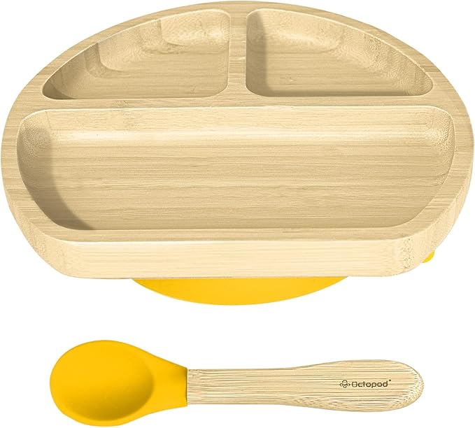 Abiie Octopod Bamboo Dish - Kids Plates for 4 months and up, 3-Compartment Baby Plates with Suction, Triangle Bamboo Baby Plate, Mess-Free Toddler Suction Plates, Baby Feeding Supplies, 8.3x1.9x7.7 in-CubbioJoy