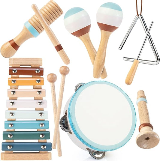 Baby Musical Instruments | Montessori Wooden Toys for Toddlers, Neutral Color Percussion Instruments Set with Modern Boho Xylophone Tambourine, Educational Musical Toys for Boys Girls 3+-CubbioJoy