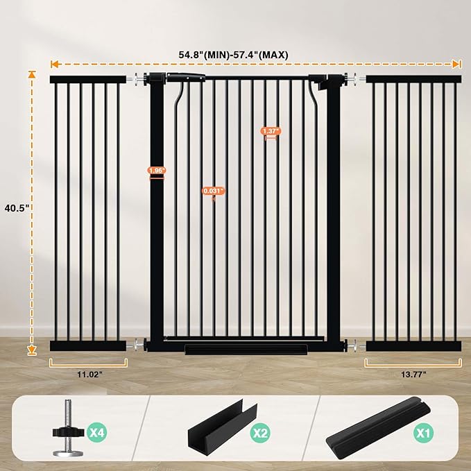 40.5" Extra Tall Baby Gate for Doorways, 54.8"-57.4" Extra Wide Pet Gate Pressure Mounted, Narrow Space Puppy Barrier Gates Indoor, No Drill Metal Safety Child Gate No Climb, Black-CubbioJoy