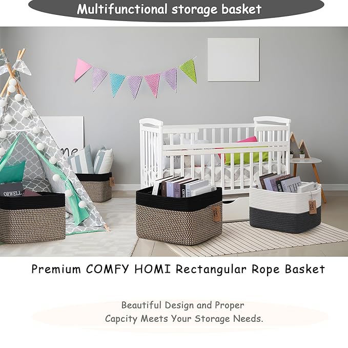 COMFY-HOMI 3PACK Cotton Rope Square Basket with Handles for Shelves|Dog Toy Bin and Storage|Baby Gift|Shoe Organizer|New 13.5" x 11" x 9.5" for Living Room (Black/Jute)-CubbioJoy