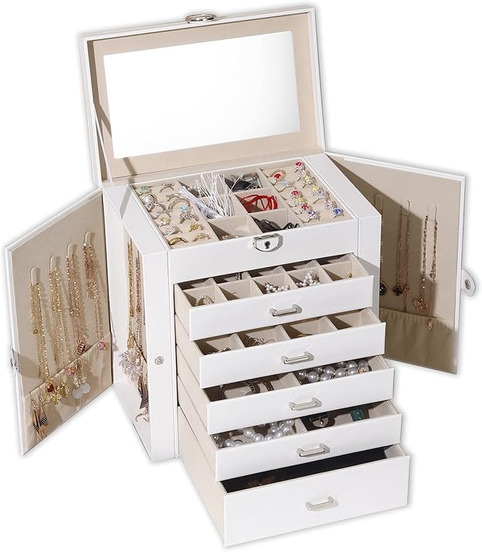 BOOVO Jewelry Box For women, 6 Layer Large Jewelry Organizer With Mirror, Multi-Function Storage Box With Lock, Accessory Holder With 5 Drawers, For Earrings Necklace Ring Bracelet (White)-CubbioJoy