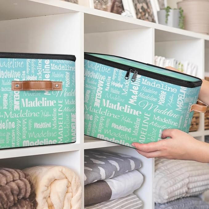 Custom Storage Basket with Name, Personalized Storage Bins with Zipper Lid, Foldable Fabric Storage Box Large capacity with Handle Bright Green Blue-CubbioJoy