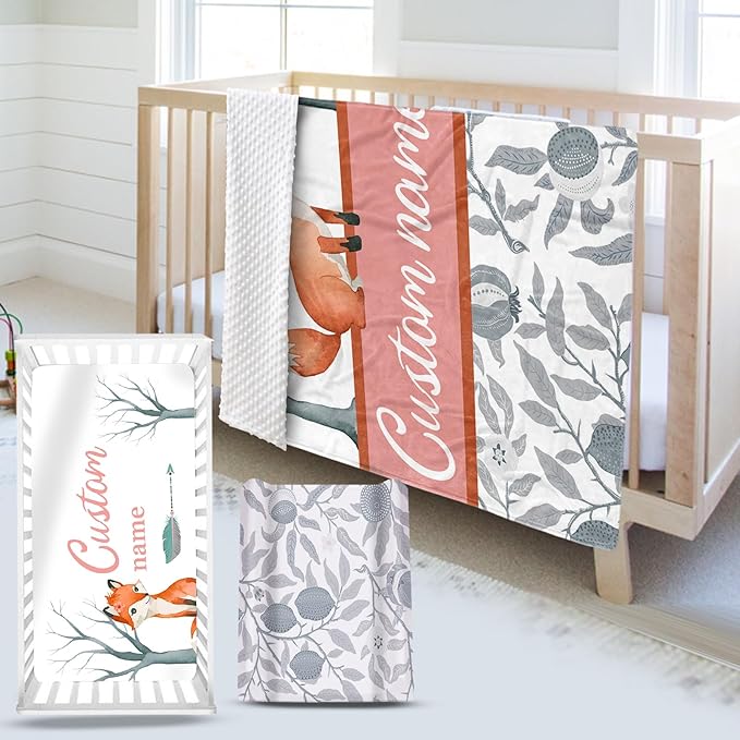 Custom Name Crib Bedding Set - Fox Theme, Personalized Nursery Bedding 3-Piece Set– Soft Blanket, Fitted Sheet, Changing Pad Cover – for Newborns Girls Nursery Gifts-CubbioJoy