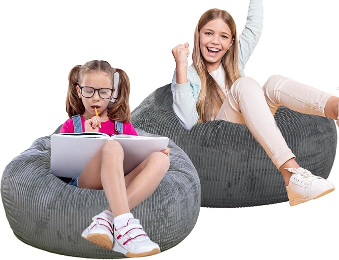 2 Pcs Classic Bean Bag Chair, with Faux Rabbit Fur Cover for Teens and Kids, Memory Foam Bean Bag Chairs, Ultra Soft Faux Fur Fabric, 2.5 feet Round Fluffy Bean Bag Sofa-CubbioJoy