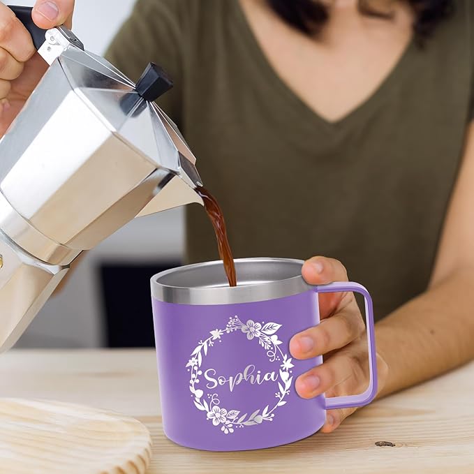 Custom Insulated Coffee Tumbler, Personalized Travel Coffee Mug with Handle and Lid, 14oz Engraved Stainless Steel Coffee Mug, Personalized Gifts for Women Men and Friends-CubbioJoy