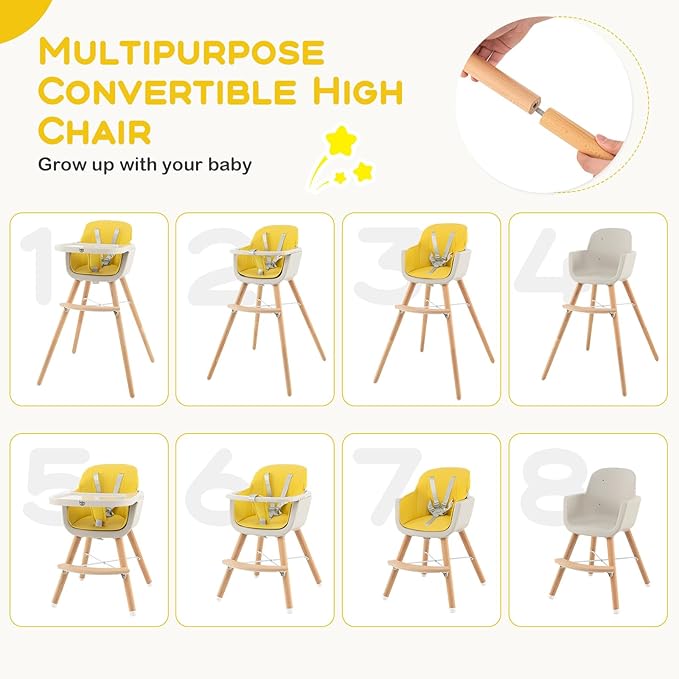 BABY JOY Convertible Baby High Chair, 3 in 1 Wooden Highchair/Booster/Chair with Removable Tray, Adjustable Legs, 5-Point Harness, PU Cushion and Footrest for Baby, Infants, Toddlers (Yellow)-CubbioJoy