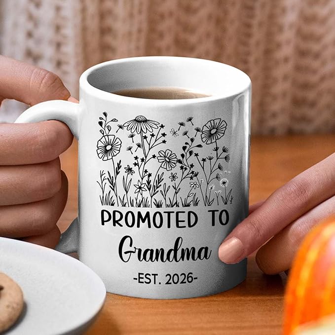Customized Promoted To Grandma Accent Mug, New Grandma Pregnancy Announcement White Coffee Cup 11 15 Oz, Personalized Grandmother EST 2026 Ceramic Coffee Mug Gift For New Grandmother Nana Gigi Mimi-CubbioJoy