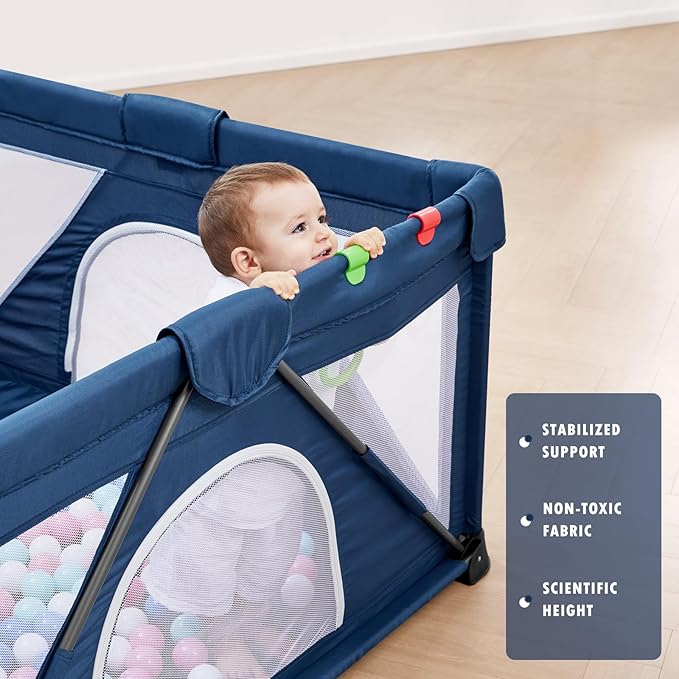 Baby Playpen Foldable, Playard for Babies and Toddlers, Portable Playpen Activity Center with 50 Balls+2 Handles for Travel, Indoor & Outdoor Play Pen with Mesh 50''x50''-CubbioJoy
