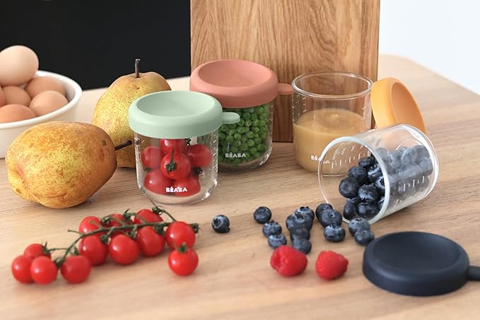BEABA 4 Pack Glass Baby Food Jars with Soft Silicone Air Tight Lids, 8 oz Glass Storage Containers with Lids, Microwave and Freezer Safe Containers, Sunrise-CubbioJoy