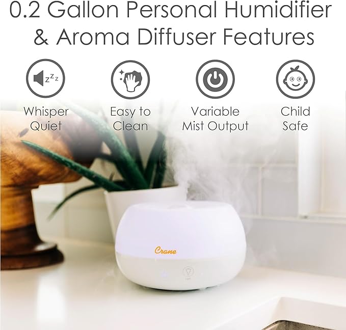 Crane Portable Ultrasonic Travel Humidifier and Diffuser, 0.2 Gallon Cool Mist, Optional Essential Oil Diffuser, No Filter Needed, White-CubbioJoy