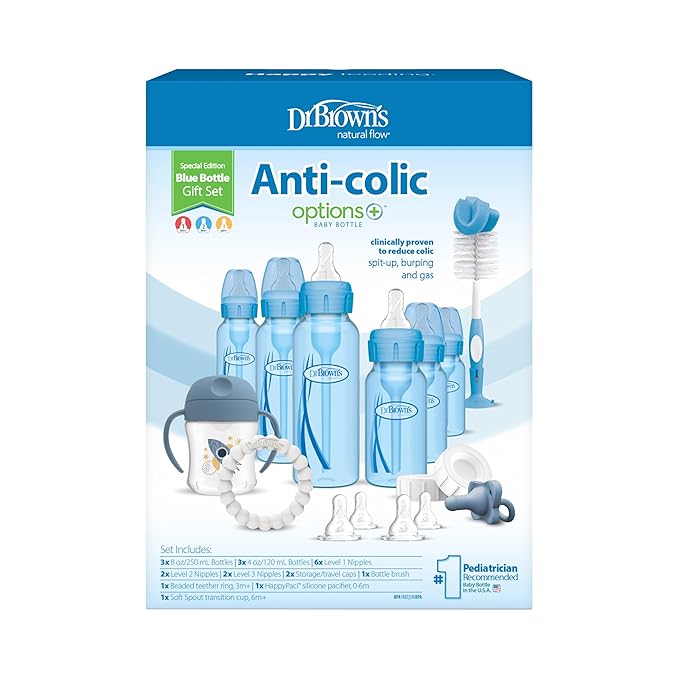 Dr. Brown's Natural Flow Anti-Colic Options+ Special Edition Blue Baby Bottle Gift Set with Soft Sippy Spout Transition Cup, Flexees Teether, Bottle Cleaning Brush and Travel Caps-CubbioJoy