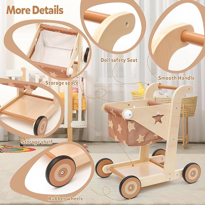 Asweets 2 in 1 Wooden Baby Walker Push and Pull Doll Stroller, Shopping Cart Learning Walker for Boys and Girls, Sit Stand Learning Toddler Toy (Brown)-CubbioJoy