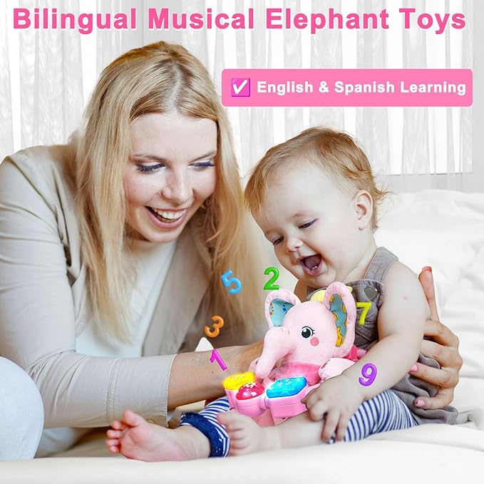 Baby Elephant Musical Stuffed Animals Toy with Light-Up Music & Crinkle Sound Paper,Infant Bilingual Early Learning Education Toys,Tummy Time Toys for 0-3-6-12+ Months Boy Girl, Pink-CubbioJoy