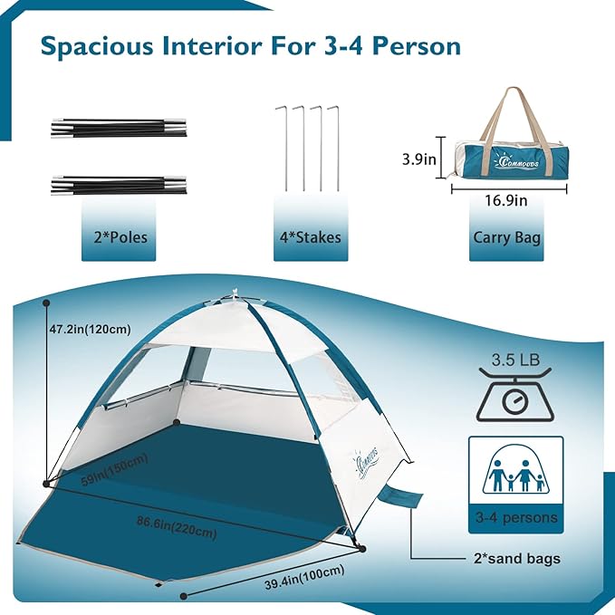 COMMOUDS Beach Tent Sun Shade for 3/4-5/6-7/8-10 Person, UPF 50+ Beach Sun Shelter Canopy Tent, Lightweight, Easy Set Up and Carry-CubbioJoy