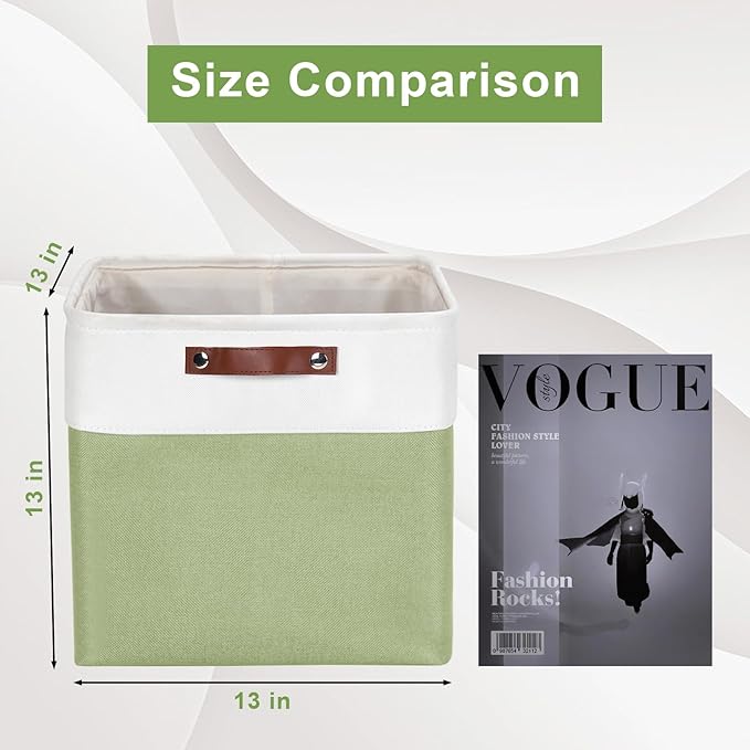 13x13 Cube Storage Bins, Collapsible Fabric Storage Box, 4 Pack Closet Baskets with Handles for Organizing, Shelf, Toys, Clothes, Home, Office, Nursery (Green&White)-CubbioJoy