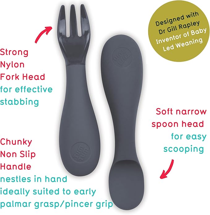 Baby Cutlery Set With Case, Spoon & Fork for Self Feeding, Silicone, 6 Months Plus (Grey)-CubbioJoy
