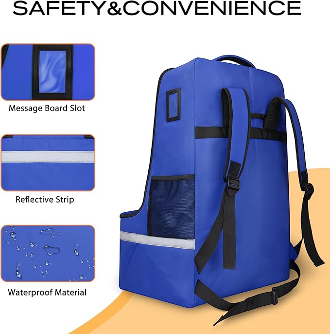 Car Seat Travel Bag for Airplane, Infant Seat Carrier with Shoulder Strap, Padded Backpack with Reflective Stripes, Blue-CubbioJoy