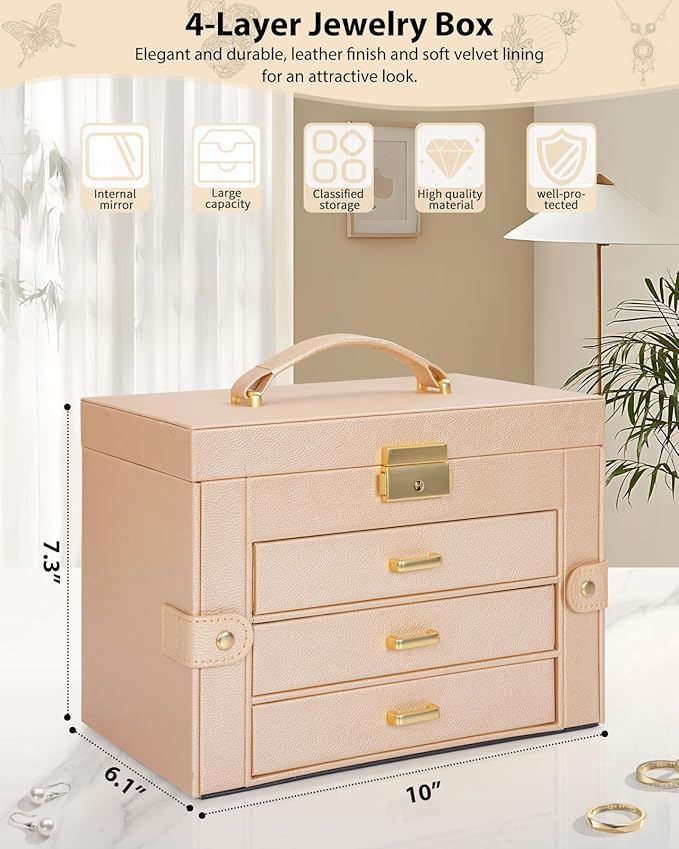 AKOZLIN Large 4-Tier Jewelry Box Leather Jewelry Storage Organizer with 3 Drawers Lockable for Women Girls Ring Necklace Earring Bracelet Watches Holder with Mirror Champagne-CubbioJoy