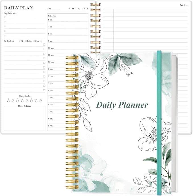 Daily Planner Undated - B5 To Do List Notebook Hourly Schedules, Spiral Appointment Planner for Women and Men, PVC Hardcover, Inner Pocket, Elastic Closure, 7" x 10", Teal Flowers-CubbioJoy