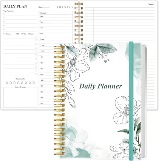 Daily Planner Undated - B5 To Do List Notebook Hourly Schedules, Spiral Appointment Planner for Women and Men, PVC Hardcover, Inner Pocket, Elastic Closure, 7" x 10", Teal Flowers-CubbioJoy