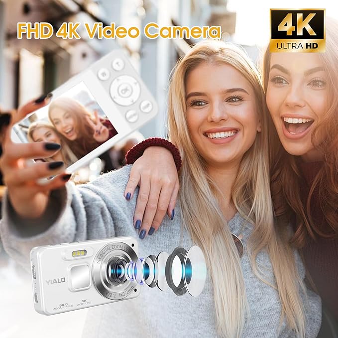 4K Digital Camera for Teens, FHD 64MP Digital Camera for Kids with 64GB SD Card, 18X Digital Zoom Cameras for Photography, Point and Shoot Video Camera for Kids, White-CubbioJoy