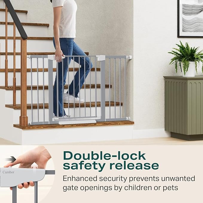 Cumbor 29.7"-51.5" Extra Wide Baby Gate for Stairs, Mom's Choice Awards Winner-Dog Gates for Doorways, Pressure Mounted Walk Through Pet Gate Indoor, Safety Auto-Close Child Gate for Kids, Gray-CubbioJoy