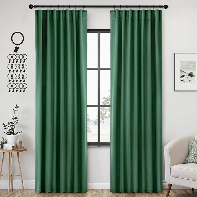 ANRODUO Back Tab Blackout Curtains for Bedroom Living Room, Rod Pocket Pinch Pleated Thermal Insulated Room Darkening Curtains 90 Inches Long 2 Panels, Hunter Green, 42 x 90 Inch-CubbioJoy