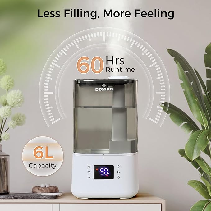 BOXING 6L Warm & Cool Mist Humidifiers for Bedroom, Air Humidfier for Large Room with Remote Control, Auto Mode Perfect for Baby & Plants, Top Fill, Sleep Mode, Timer, Essential Oil Tray, 60H-CubbioJoy