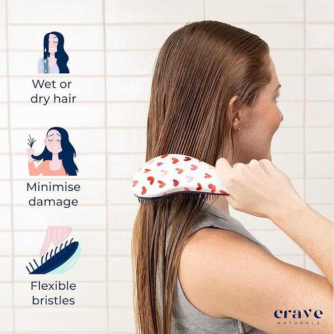 Crave Naturals Glide Thru Hair Brush - Detangler Brush for Curly, Straight, Wet or Dry Hair - Gentle Detangling Brusheses for Adults, Kids, Toddlers - Hair Accessories for Women, 7.5"x3" - Pink Hearts-CubbioJoy