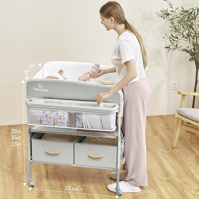 BabyBond Portable Baby Changing Table with 2 Storage Baskets, Foldable Changing Table Dresser Waterproof Diaper Changing Table Height Adjustable Changing Station for Infant and Newborn(Beige)-CubbioJoy