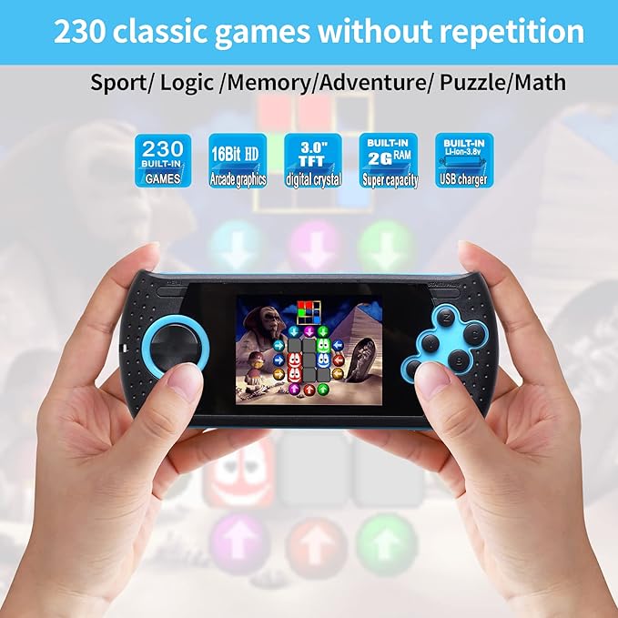 16 Bit Handheld Game for Kids Built-in 230 HD Classic Retro Video Games USB Rechargeable 3.0 Inch Childrens Travel Electronics Toys Portable Gaming Player System Gift for Boys Girls Ages 4-8-12-CubbioJoy