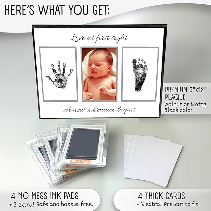 Baby Hand and Footprint Kit with Photo & Birth Details, Inkless Hand and Footprint Kit, Newborn Keepsake Plaque, Baby Shower Gifts (STYLE 2 (Baby Shower) (Love At First Sight))-CubbioJoy