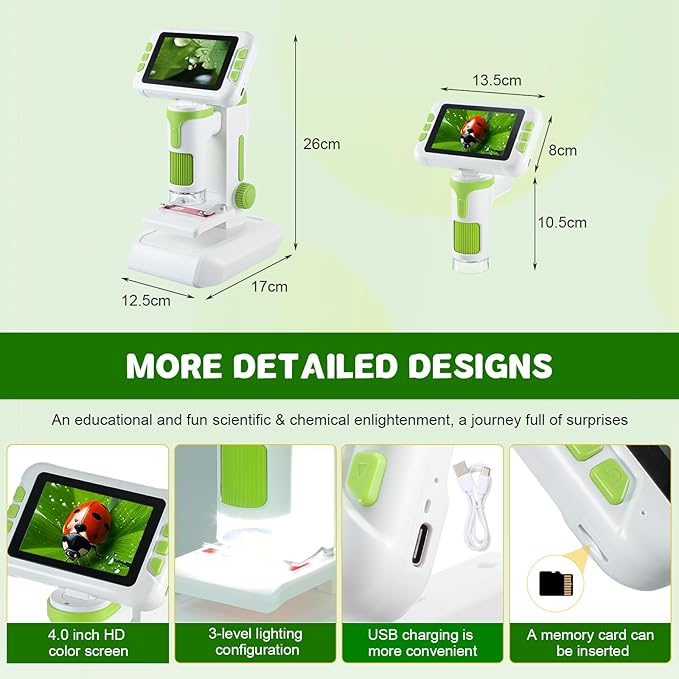 1600X Digital Microscope for Kids, Upgraded Portable Microscope with 4.0 inch HD Screen, 2-in-1 Desktop Handheld Miniscope Rechargeable Student Education Science Microscopes Gift for Kids-CubbioJoy