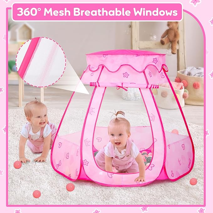 Baby Ball Pit for Toddler with 50 Balls, Kids Pop Up Play Tent for Girls, Princess Toys for Children Indoor Outdoor Playhouse with Carry Bag-CubbioJoy