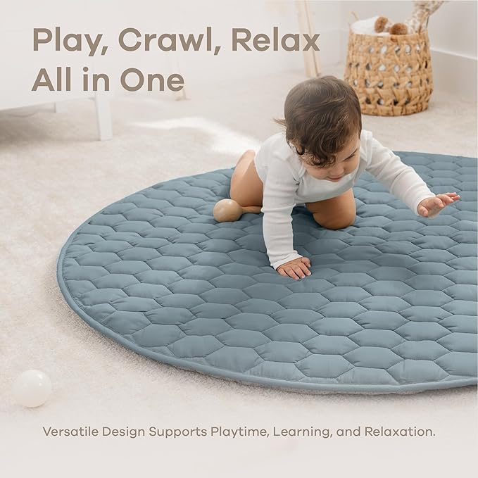 Comfy Cubs Round Kids Play Mat - Medium 48 inches Soft Quilted Baby Floor Mat with Non-Slip Bottom - Plush Design for Toddlers' Playtime and Relaxation - Comfortable and Durable - Pacific Blue-CubbioJoy