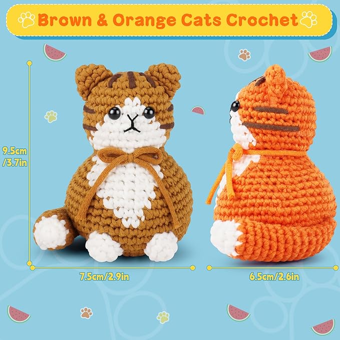 Crochet Kit for Beginners, 2PCS Cat Crochet Animal Kit with Step-by-Step Video Tutorials, Beginner Crochet Kit for Adults, Crochet Starter Kit for Kids, Learn to Crochet, Stuffed Animal Knitting Kit-CubbioJoy